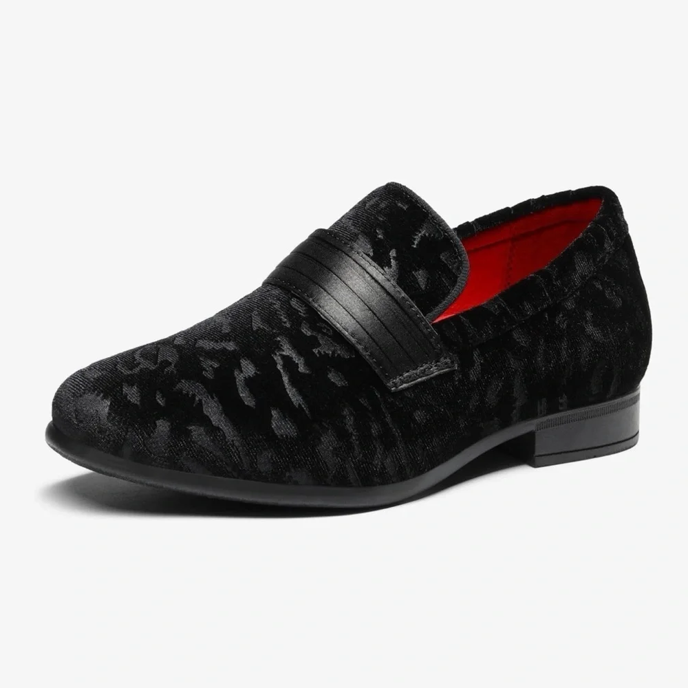 Bruno Mark PU Velvet Boys Black Dress Shoes Loafers with Red Lining size 13
